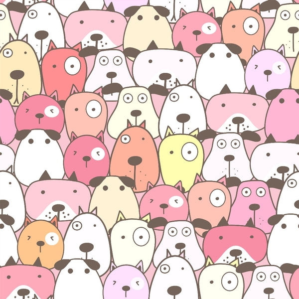 cute dogs, cartoon animals, pastel colors, pink tones, coral shades, cream colors, lavender hues, yellow accents, white background, kawaii style, playful design, animal faces, dog breeds,, fabric panel, whimsical pattern, adorable pets, soft pastels, repeating motif, nursery theme