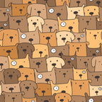 cute dogs, brown tones, tan colors, orange hues, beige shades, dog faces, animal pattern, cartoon style, whimsical design, geometric layout,, fabric panel, pet theme, playful mood, repetitive pattern, simple illustration, crafting material, sewing fabric, adorable animals, tessellated design