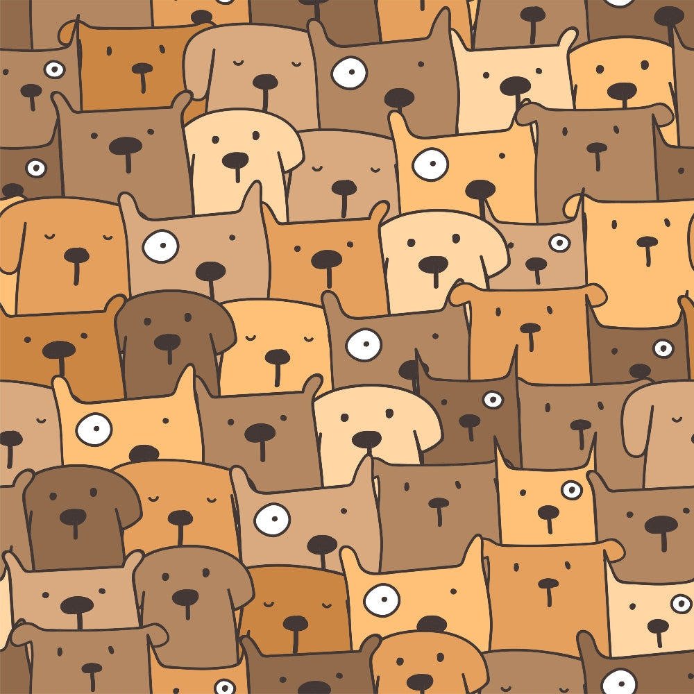 cute dogs, brown tones, tan colors, orange hues, beige shades, dog faces, animal pattern, cartoon style, whimsical design, geometric layout,, fabric panel, pet theme, playful mood, repetitive pattern, simple illustration, crafting material, sewing fabric, adorable animals, tessellated design