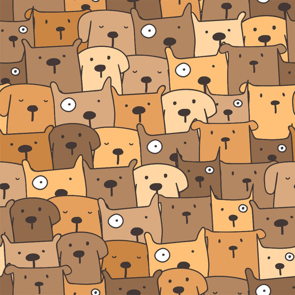 cute dogs, brown tones, tan colors, orange hues, beige shades, dog faces, animal pattern, cartoon style, whimsical design, geometric layout,, fabric panel, pet theme, playful mood, repetitive pattern, simple illustration, crafting material, sewing fabric, adorable animals, tessellated design