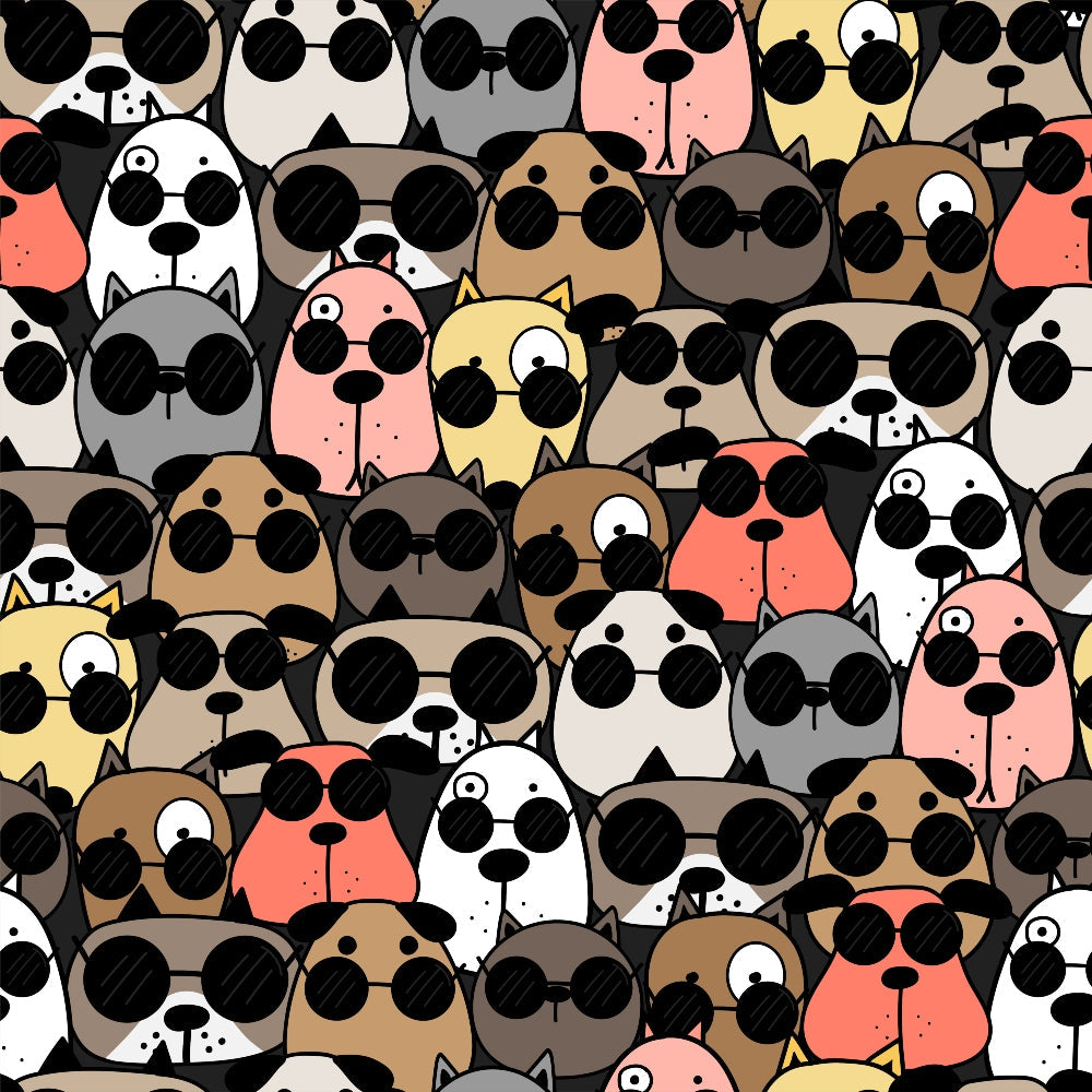 cute dogs, sunglasses,, fabric panel, cartoon style, playful pattern, multi-colored, pink dogs, brown dogs, white dogs, gray dogs, yellow dogs, black sunglasses, whimsical design, pet theme, animal faces, crowded pattern, fun motif, crafting fabric, sewing material