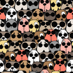 cute dogs, sunglasses,, fabric panel, cartoon style, playful pattern, multi-colored, pink dogs, brown dogs, white dogs, gray dogs, yellow dogs, black sunglasses, whimsical design, pet theme, animal faces, crowded pattern, fun motif, crafting fabric, sewing material