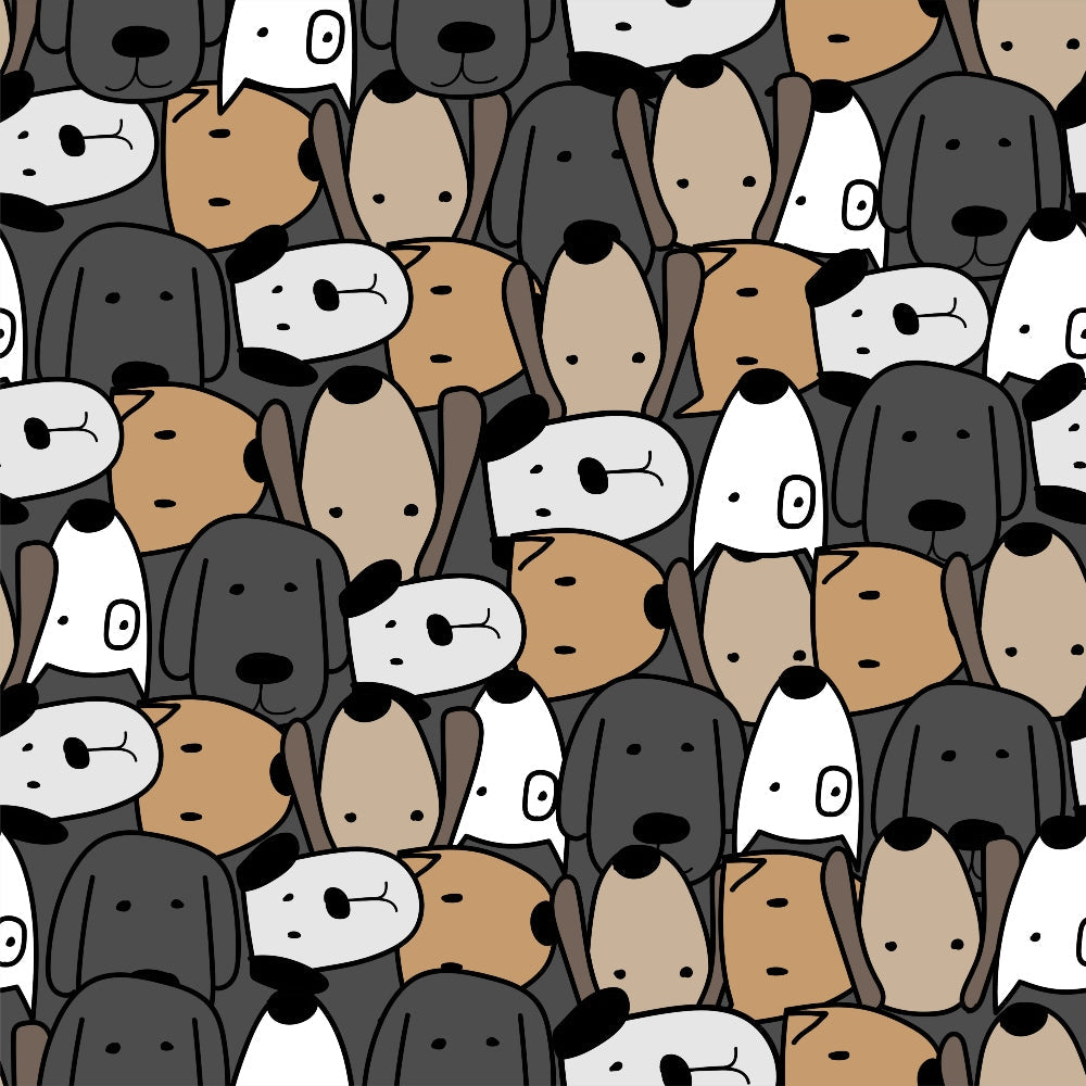cute dogs, dog faces, cartoon style, animal pattern, white dogs, brown dogs, gray dogs, black dogs, tan dogs, beige dogs,, fabric panel, kawaii style, pet theme, dog lovers, seamless pattern, adorable animals, minimalist design, playful mood, craft fabric
