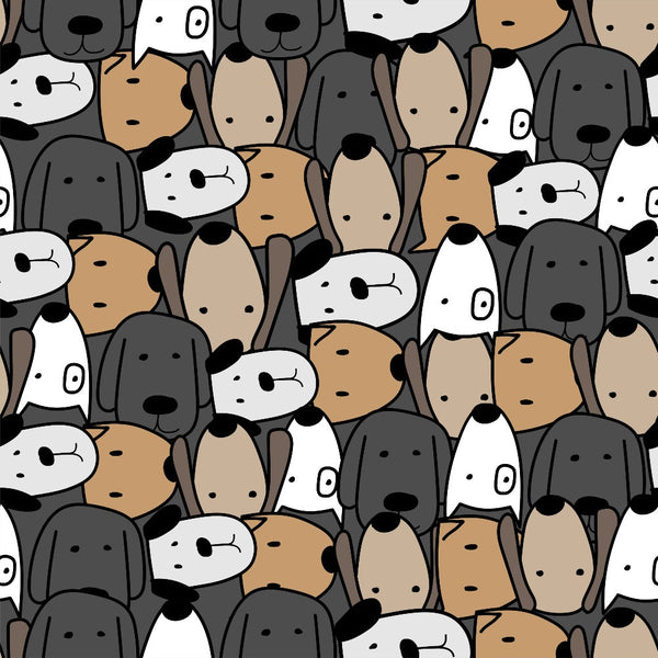 cute dogs, dog faces, cartoon style, animal pattern, white dogs, brown dogs, gray dogs, black dogs, tan dogs, beige dogs,, fabric panel, kawaii style, pet theme, dog lovers, seamless pattern, adorable animals, minimalist design, playful mood, craft fabric