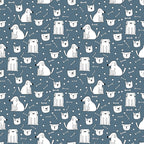 slate gray, white, cute dogs, dog faces, sitting dogs, standing dogs, bone pattern, dog bones, dots, circles, repeating pattern, seamless design, minimalist style, cartoon dogs, pet theme, animal pattern,, fabric panel, whimsical, playful design, modern illustration