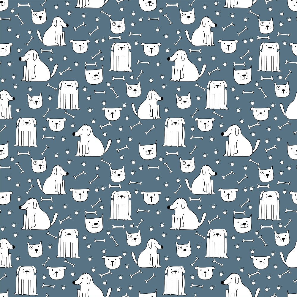 slate gray, white, cute dogs, dog faces, sitting dogs, standing dogs, bone pattern, dog bones, dots, circles, repeating pattern, seamless design, minimalist style, cartoon dogs, pet theme, animal pattern,, fabric panel, whimsical, playful design, modern illustration
