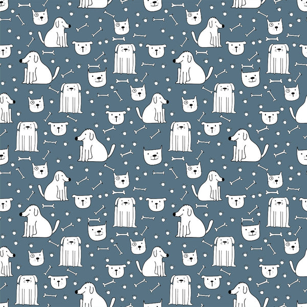slate gray, white, cute dogs, dog faces, sitting dogs, standing dogs, bone pattern, dog bones, dots, circles, repeating pattern, seamless design, minimalist style, cartoon dogs, pet theme, animal pattern,, fabric panel, whimsical, playful design, modern illustration