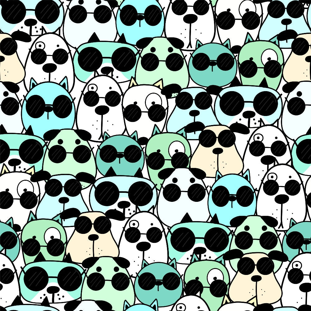 cute dogs, sunglasses, mint green, turquoise, cream, white, black, repeating pattern, cartoon style, playful, whimsical, animal faces, geometric arrangement,, fabric panel, pet theme, cool dogs, stylized animals, contemporary design, crafting material