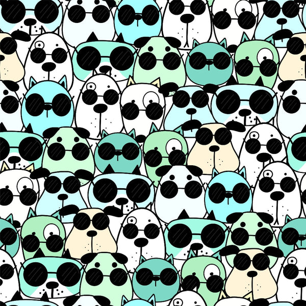 cute dogs, sunglasses, mint green, turquoise, cream, white, black, repeating pattern, cartoon style, playful, whimsical, animal faces, geometric arrangement,, fabric panel, pet theme, cool dogs, stylized animals, contemporary design, crafting material