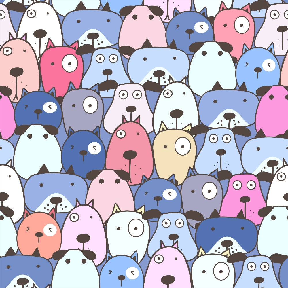 cute dogs, cartoon animals, pastel colors, pink, blue, white, gray, crowded pattern, stylized faces, whimsical design,, fabric panel, kawaii style, playful mood, animal faces, repetitive pattern, soft colors, crafting material, sewing fabric, dog illustration