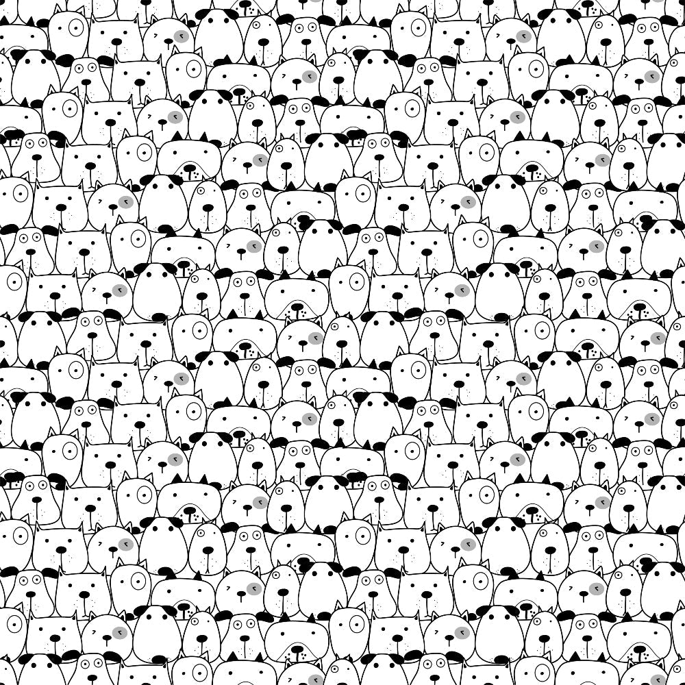 black and white, monochrome, cute dogs, dog faces, animal pattern, repeating design, cartoon style, whimsical, pet themed,, fabric panel, craft material, sewing fabric, playful mood, sketched illustration, dense pattern, adorable pets, dog lover, minimalist colors, hand-drawn style