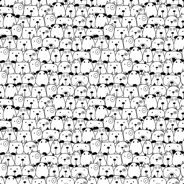 black and white, monochrome, cute dogs, dog faces, animal pattern, repeating design, cartoon style, whimsical, pet themed,, fabric panel, craft material, sewing fabric, playful mood, sketched illustration, dense pattern, adorable pets, dog lover, minimalist colors, hand-drawn style