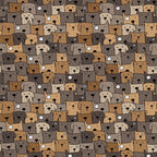 cute dogs, dog faces, brown tones, tan colors, beige shades, cartoon style, playful pattern, pet themed, animal motif,, fabric panel, whimsical design, repetitive pattern, dog lovers, crafting material, sewing fabric, geometric arrangement, earth tones, puppy faces, densely packed