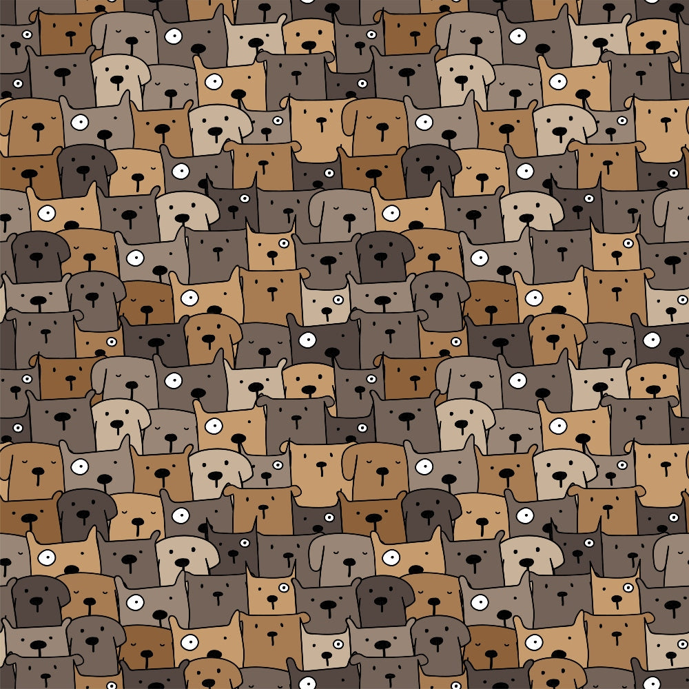 cute dogs, dog faces, brown tones, tan colors, beige shades, cartoon style, playful pattern, pet themed, animal motif,, fabric panel, whimsical design, repetitive pattern, dog lovers, crafting material, sewing fabric, geometric arrangement, earth tones, puppy faces, densely packed