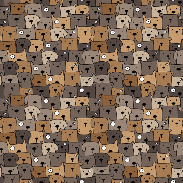 cute dogs, dog faces, brown tones, tan colors, beige shades, cartoon style, playful pattern, pet themed, animal motif,, fabric panel, whimsical design, repetitive pattern, dog lovers, crafting material, sewing fabric, geometric arrangement, earth tones, puppy faces, densely packed