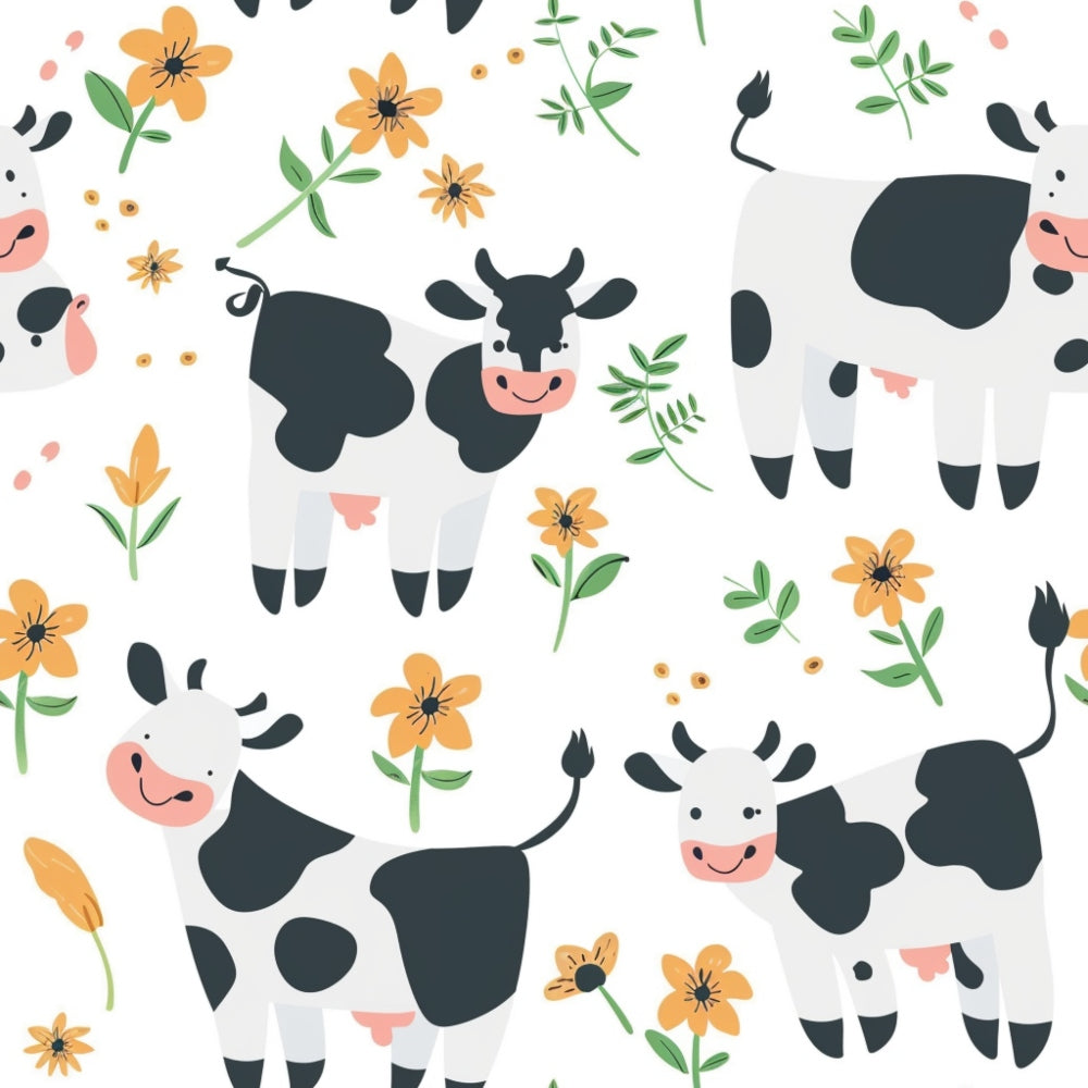 cute cows, farm animals, baby animals, floral pattern, orange flowers, green leaves, black and white spots, pink noses, pastoral theme, white background,, fabric panel, cheerful mood, nursery design, farm theme, botanical elements, whimsical style, children's fabric, cow print, meadow flowers