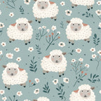 sage green, cream white, coral pink, sheep pattern, farm animals, baby sheep, floral elements, botanical design, cute animals, repeating pattern,, fabric panel, nursery theme, pastoral scene, soft colors, whimsical style, children's fabric, meadow flowers, farm theme, gentle illustration