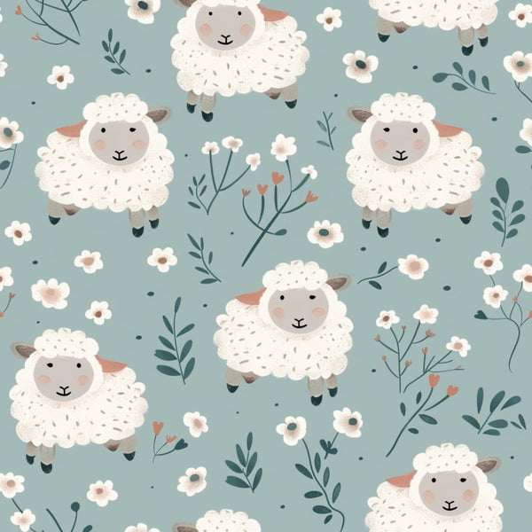 sage green, cream white, coral pink, sheep pattern, farm animals, baby sheep, floral elements, botanical design, cute animals, repeating pattern,, fabric panel, nursery theme, pastoral scene, soft colors, whimsical style, children's fabric, meadow flowers, farm theme, gentle illustration