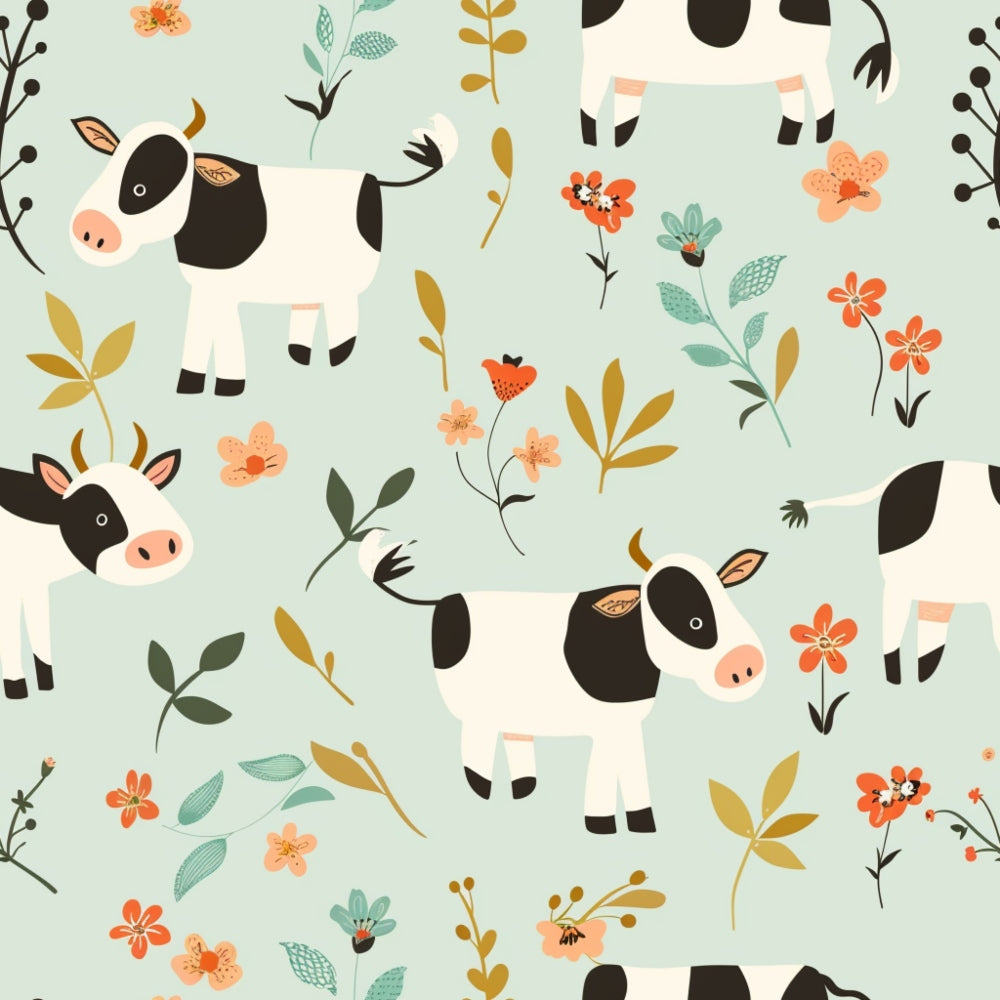 cute cows, farm animals, baby animals, floral pattern, mint green background, black and white cows, coral flowers, peach blossoms, botanical elements,, fabric panel, nursery theme, children's fabric, whimsical illustration, pastoral design, soft colors, repeating pattern, farm theme, adorable animals