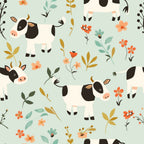 cute cows, farm animals, baby animals, floral pattern, mint green background, black and white cows, coral flowers, peach blossoms, botanical elements,, fabric panel, nursery theme, children's fabric, whimsical illustration, pastoral design, soft colors, repeating pattern, farm theme, adorable animals