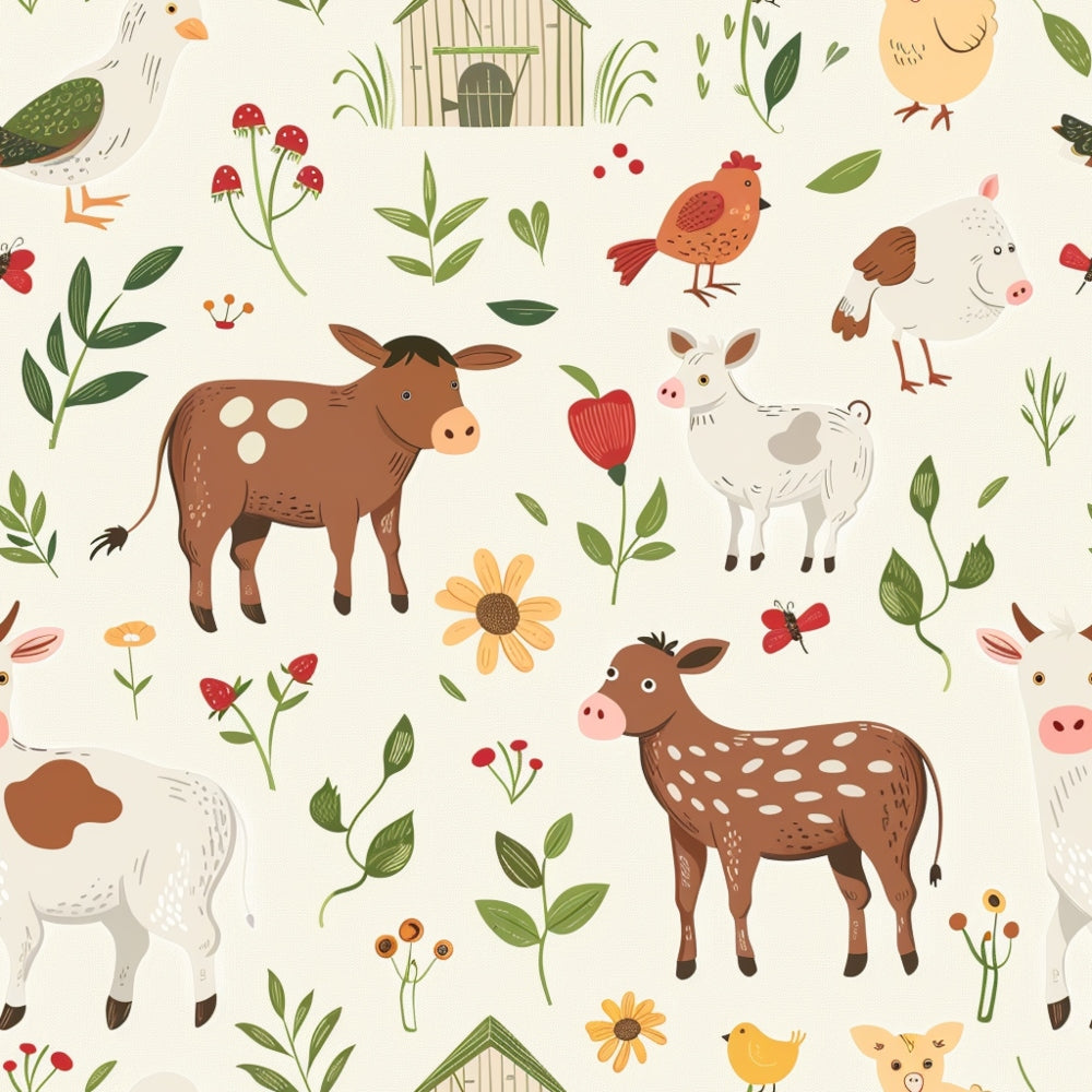 cream background, brown cows, white goats, red mushrooms, yellow flowers, green leaves, orange chicks, farm animals, baby animals, pastoral scene, whimsical illustration,, fabric panel, cute cartoon style, barn houses, floral elements, spotted cows, farm theme, nursery pattern, soft colors