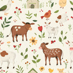 cream background, brown cows, white goats, red mushrooms, yellow flowers, green leaves, orange chicks, farm animals, baby animals, pastoral scene, whimsical illustration,, fabric panel, cute cartoon style, barn houses, floral elements, spotted cows, farm theme, nursery pattern, soft colors
