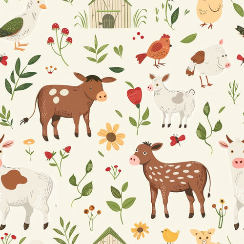 cream background, brown cows, white goats, red mushrooms, yellow flowers, green leaves, orange chicks, farm animals, baby animals, pastoral scene, whimsical illustration,, fabric panel, cute cartoon style, barn houses, floral elements, spotted cows, farm theme, nursery pattern, soft colors