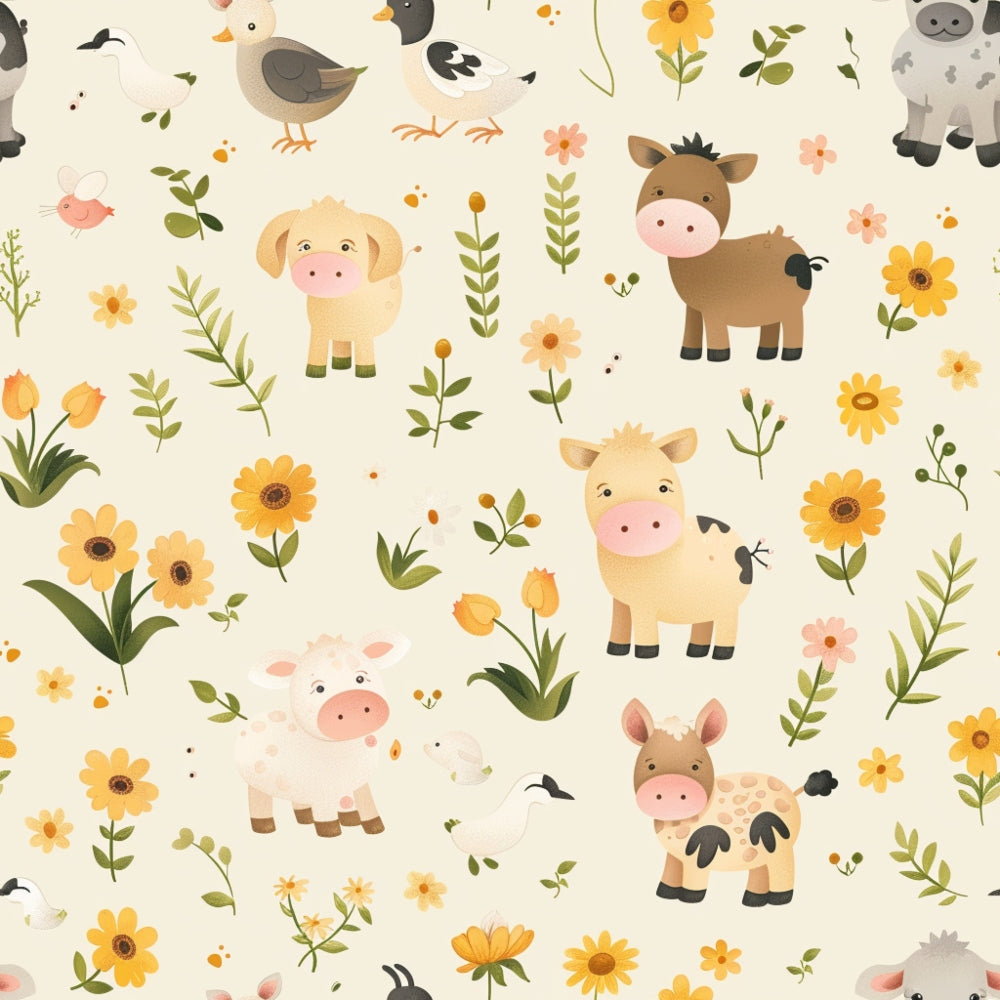 cute farm animals, baby animals, cream background, yellow flowers, orange blooms, green leaves, pastoral pattern,, fabric panel, cows, sheep, ducks, birds, floral elements, botanical motifs, nursery theme, soft pastels, whimsical style, repeating pattern, children's fabric