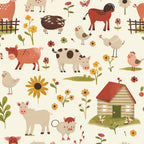 farm animals, baby animals,, fabric panel, cute illustration, pastoral scene, coral pink, sage green, cream background, sunflowers, wooden fence, farmhouse, pigs, cows, chickens, sheep, horse, butterfly, floral elements, whimsical style, children's fabric, nursery theme, country living, soft pastels