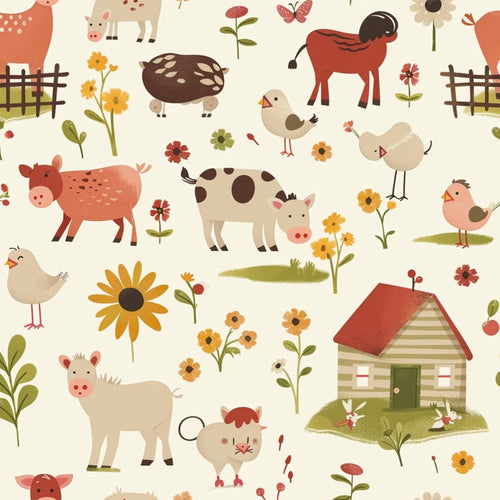farm animals, baby animals,, fabric panel, cute illustration, pastoral scene, coral pink, sage green, cream background, sunflowers, wooden fence, farmhouse, pigs, cows, chickens, sheep, horse, butterfly, floral elements, whimsical style, children's fabric, nursery theme, country living, soft pastels