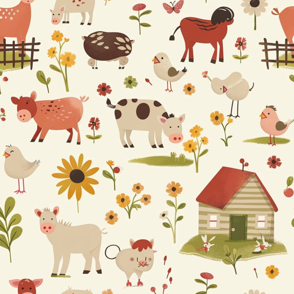 farm animals, baby animals,, fabric panel, cute illustration, pastoral scene, coral pink, sage green, cream background, sunflowers, wooden fence, farmhouse, pigs, cows, chickens, sheep, horse, butterfly, floral elements, whimsical style, children's fabric, nursery theme, country living, soft pastels