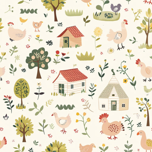 farm animals, chickens, roosters, baby chicks, cute cottages, farmhouse, trees, flowers, botanical elements, pastoral scene, soft pastels, cream background, coral red, sage green, muted yellow, folk art style, whimsical illustration,, fabric panel, country living, rural theme, nature motifs
