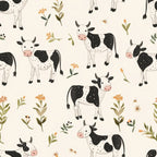 cute cows, farm animals, black and white spots, pink noses, floral elements, green leaves, orange flowers, cream background, pastoral theme, baby animals,, fabric panel, whimsical illustration, farm babies, botanical accents, soft colors, repeating pattern, nursery theme, country style, adorable creatures