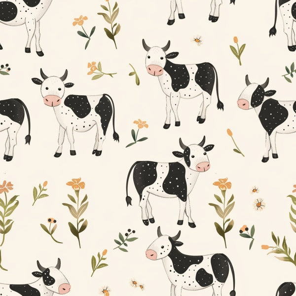 cute cows, farm animals, black and white spots, pink noses, floral elements, green leaves, orange flowers, cream background, pastoral theme, baby animals,, fabric panel, whimsical illustration, farm babies, botanical accents, soft colors, repeating pattern, nursery theme, country style, adorable creatures