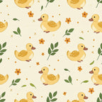 cute ducklings, yellow ducks, baby animals, farm animals, cream background, beige backdrop, orange flowers, green leaves, botanical elements, floral accents,, fabric panel, nursery theme, spring pattern, adorable design, soft colors, repeating pattern, children's fabric, baby quilt, pastoral theme