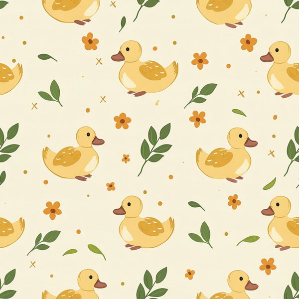 cute ducklings, yellow ducks, baby animals, farm animals, cream background, beige backdrop, orange flowers, green leaves, botanical elements, floral accents,, fabric panel, nursery theme, spring pattern, adorable design, soft colors, repeating pattern, children's fabric, baby quilt, pastoral theme