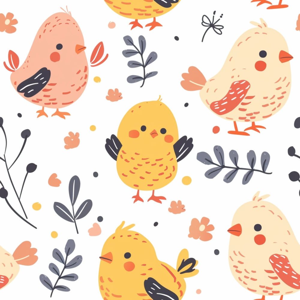 baby chicks, yellow birds, pink birds, cream birds, orange beaks, coral accents, botanical elements, gray leaves, floral sprigs, cute animals, farm theme, nursery design, whimsical illustration, soft pastels,, fabric panel, seamless pattern, spring colors, adorable characters, children's fabric