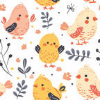 baby chicks, yellow birds, pink birds, cream birds, orange beaks, coral accents, botanical elements, gray leaves, floral sprigs, cute animals, farm theme, nursery design, whimsical illustration, soft pastels,, fabric panel, seamless pattern, spring colors, adorable characters, children's fabric