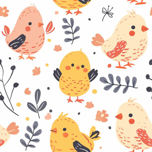 baby chicks, yellow birds, pink birds, cream birds, orange beaks, coral accents, botanical elements, gray leaves, floral sprigs, cute animals, farm theme, nursery design, whimsical illustration, soft pastels,, fabric panel, seamless pattern, spring colors, adorable characters, children's fabric