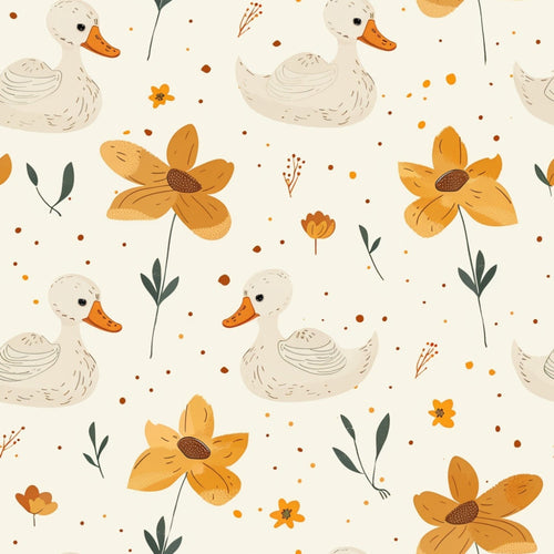 cream background, orange flowers, white ducks, beige swans, green leaves, botanical elements, farm animals, cute baby animals, whimsical style, hand drawn illustration,, fabric panel, nursery theme, soft pastels, scattered dots, floral motifs, children's fabric, adorable characters, playful design, cotton fabric