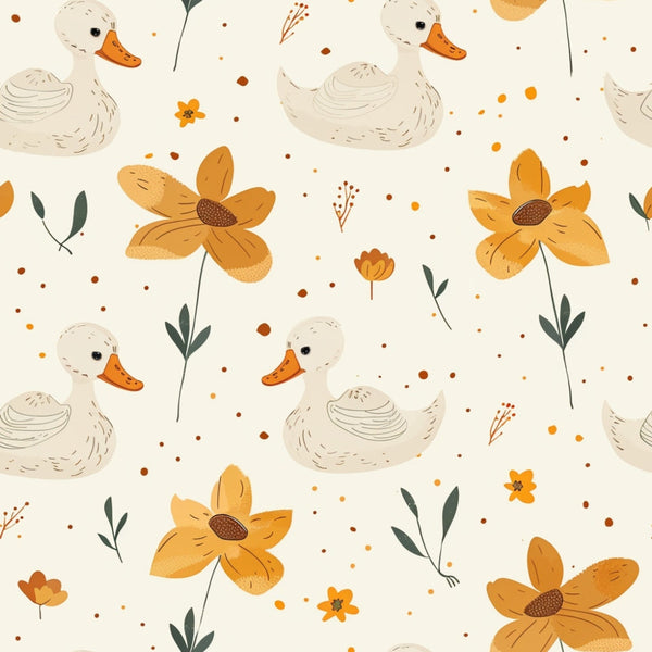 cream background, orange flowers, white ducks, beige swans, green leaves, botanical elements, farm animals, cute baby animals, whimsical style, hand drawn illustration,, fabric panel, nursery theme, soft pastels, scattered dots, floral motifs, children's fabric, adorable characters, playful design, cotton fabric