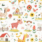 cute farm animals, baby animals,, fabric panel, pastel colors, coral pink, sunny yellow, sage green, cream white, whimsical pattern, farmhouse theme, cows, sheep, birds, flowers, sunflowers, wooden fence, farm house, polka dots, cheerful design, nursery fabric, children's fabric, scattered motifs, playful style