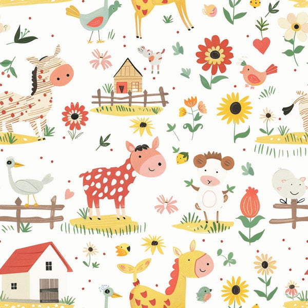 cute farm animals, baby animals,, fabric panel, pastel colors, coral pink, sunny yellow, sage green, cream white, whimsical pattern, farmhouse theme, cows, sheep, birds, flowers, sunflowers, wooden fence, farm house, polka dots, cheerful design, nursery fabric, children's fabric, scattered motifs, playful style