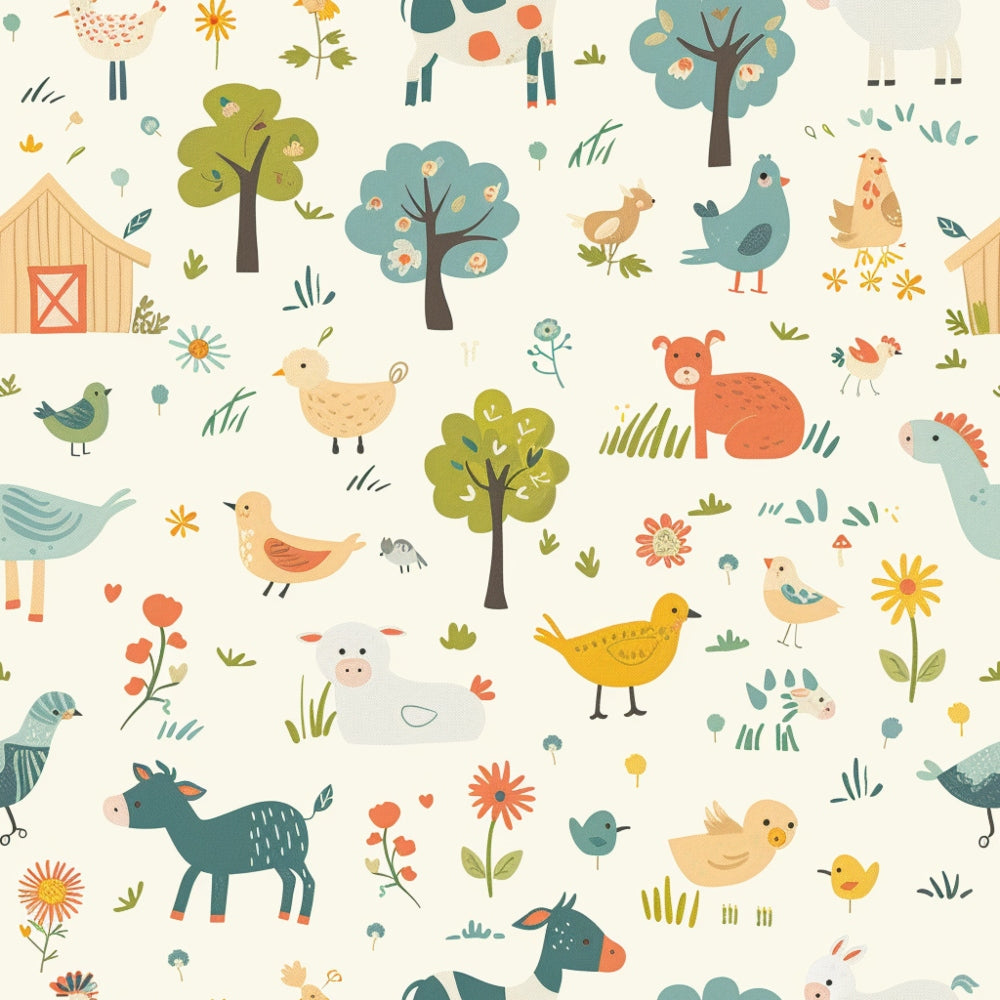 cute farm animals, baby animals,, fabric panel, pastel colors, sage green, coral orange, yellow, cream background, whimsical illustration, barnyard theme, chickens, ducks, cows, trees, flowers, children's fabric, nursery design, folk art style, scattered motifs