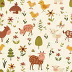 cream background, farm animals, baby chicks, spotted cows, sheep, birds, flowers, trees, cottage, woodland creatures, yellow, brown, green, pink, orange, whimsical illustration, nursery theme,, fabric panel, pastoral scene, nature motifs, childlike artwork, soft colors, repeating pattern