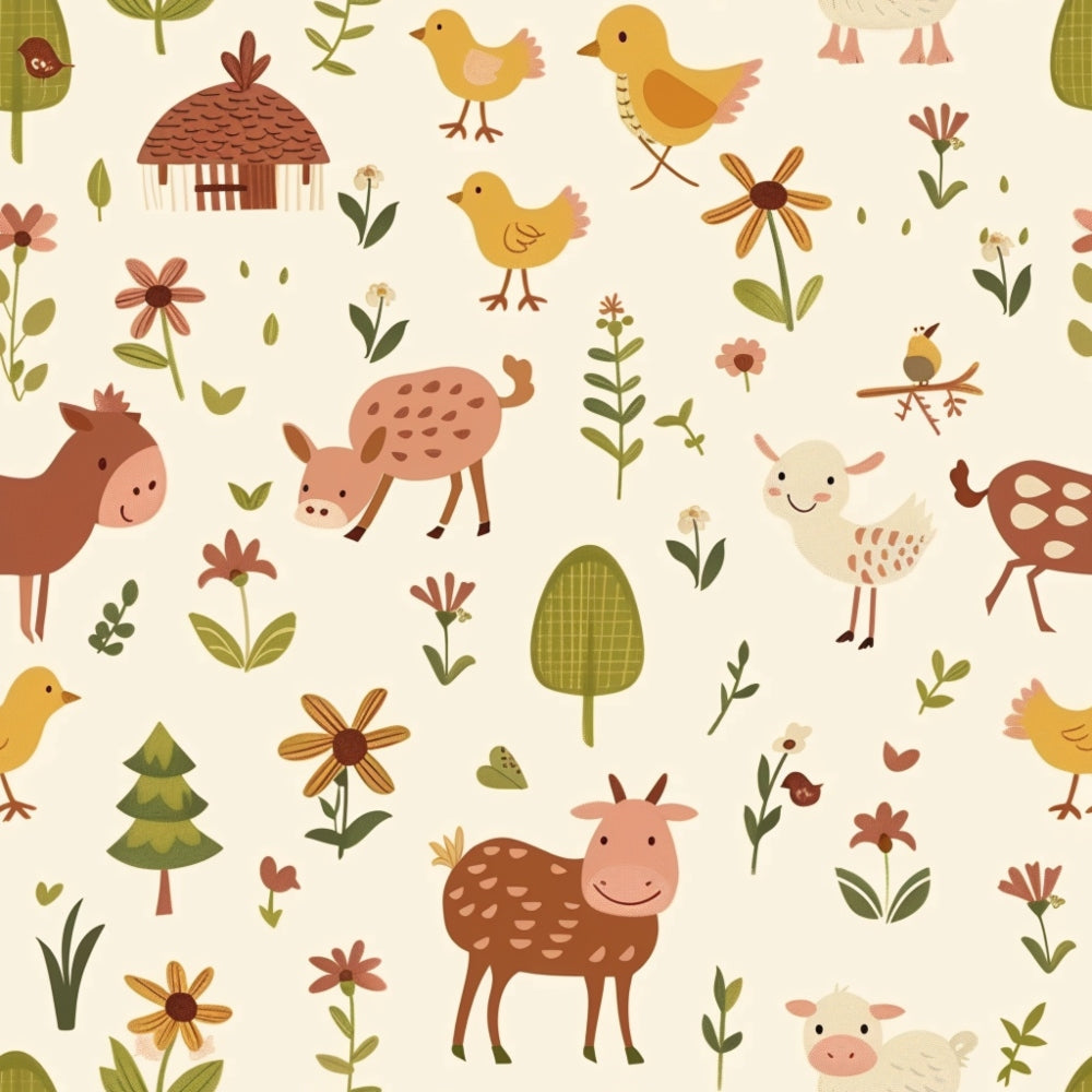 cream background, farm animals, baby chicks, spotted cows, sheep, birds, flowers, trees, cottage, woodland creatures, yellow, brown, green, pink, orange, whimsical illustration, nursery theme,, fabric panel, pastoral scene, nature motifs, childlike artwork, soft colors, repeating pattern