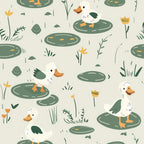 sage green, cream beige, orange accents, yellow flowers, white ducks, lily pads, pond scene, water plants, cattails, botanical elements, cute animals, farm babies, whimsical illustration, hand drawn style, repeating pattern,, fabric panel, nature theme, peaceful mood, soft colors