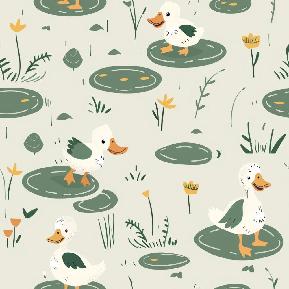 sage green, cream beige, orange accents, yellow flowers, white ducks, lily pads, pond scene, water plants, cattails, botanical elements, cute animals, farm babies, whimsical illustration, hand drawn style, repeating pattern,, fabric panel, nature theme, peaceful mood, soft colors