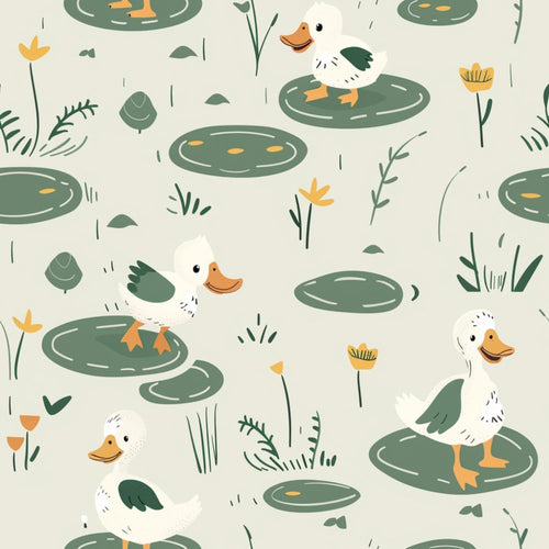 sage green, cream beige, orange accents, yellow flowers, white ducks, lily pads, pond scene, water plants, cattails, botanical elements, cute animals, farm babies, whimsical illustration, hand drawn style, repeating pattern,, fabric panel, nature theme, peaceful mood, soft colors
