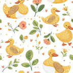 yellow ducks, duckling pattern, floral elements, pink flowers, green leaves, white background, farm animals, baby animals, cute illustration, whimsical design,, fabric panel, spring theme, nursery decor, soft pastels, orange beaks, scattered design, botanical motifs, children's fabric, kawaii style